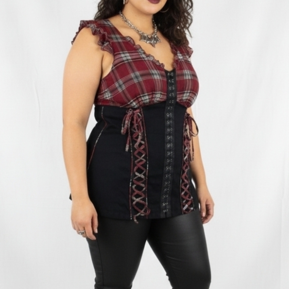 Y2k Punk Goth Tripp NYC Black Red Plaid Corset Style Top Plus Size 3X Lace Up